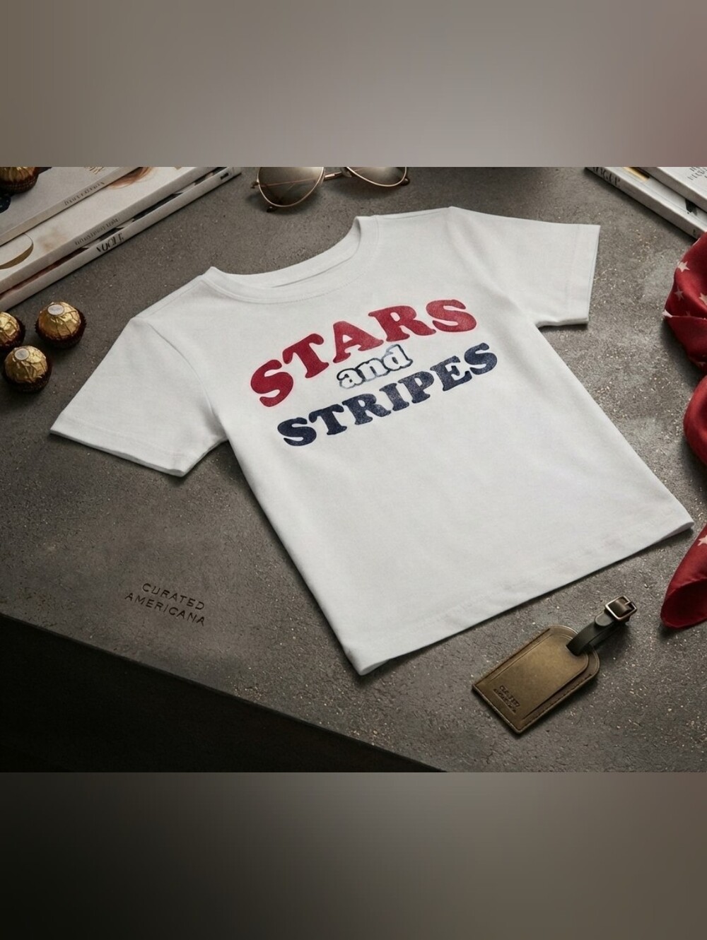 Celebrate It White Tee with Red & Blue "Stars and Stripes" Graphic
